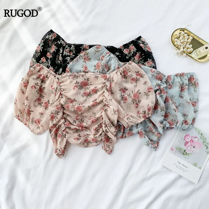 Женская блузка с цветочным принтом RUGOD шифоновая короткая открытыми плечами во