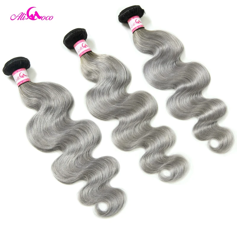 Али Коко бразильские волнистые пучки с закрытием 1B/серый Remy волосы 3 пучка