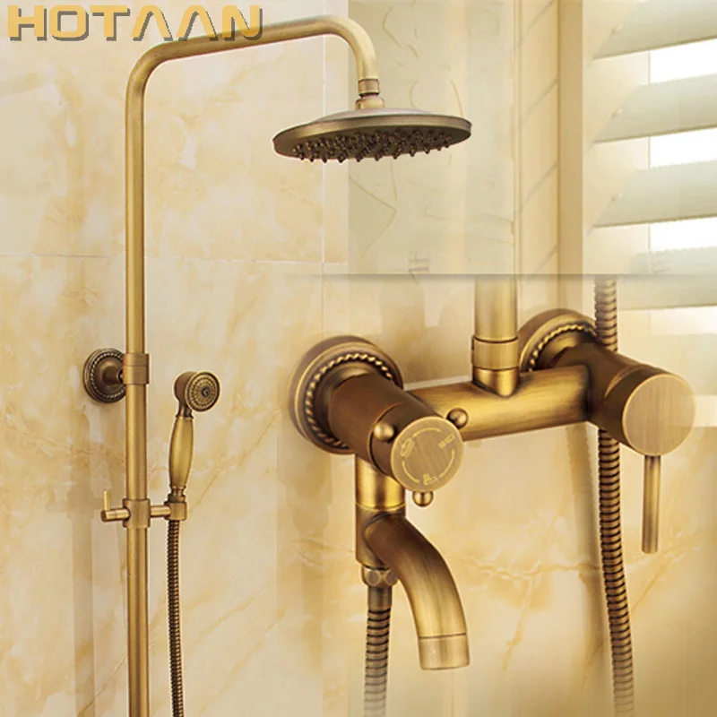 

Wall Mounted Mixer Valve Rainfall Antique Brass Shower Faucet Complete Sets + 8" Brass Shower Head + Hand Shower + Hose YT-5316