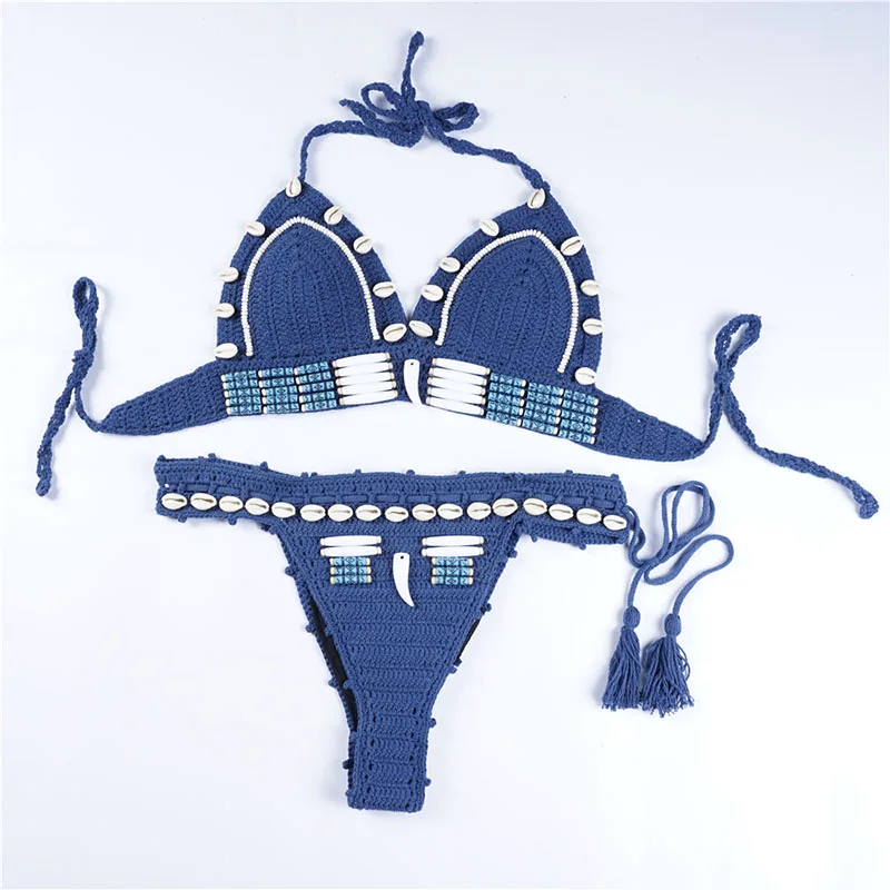 Crochet Bralette Shell Bikini Set Knit Hollow Halter Brazilian Adjustable Plus Size Women Bathing Suits Swimsuit |