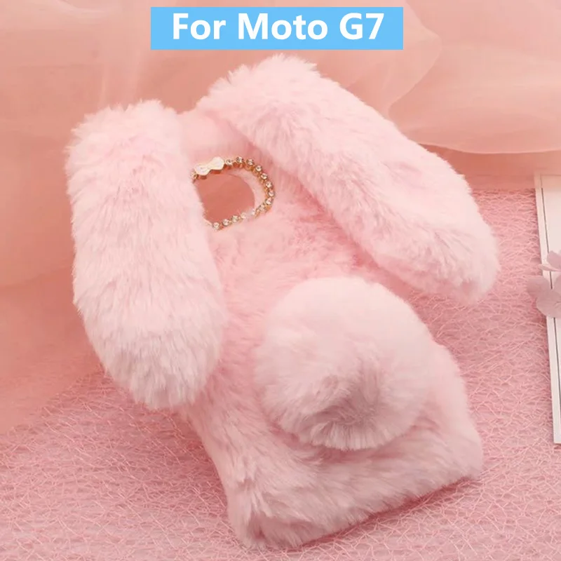 Чехол плюшевый кролик для Motorola Moto G7 мягкий мех милый 3D заячьи уши TPU Блестящий