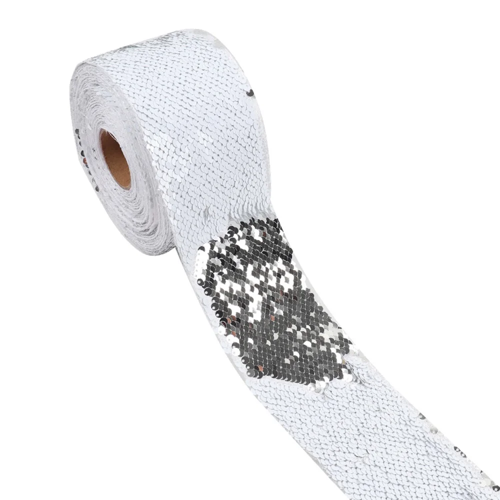 white x silver 2 года/лот двухцветная Двусторонняя Блестящая лента 75 мм Blingbling ручная работа лента DIY Пояс головной убор материалы Свадебные украшения - Цвет: white x silver