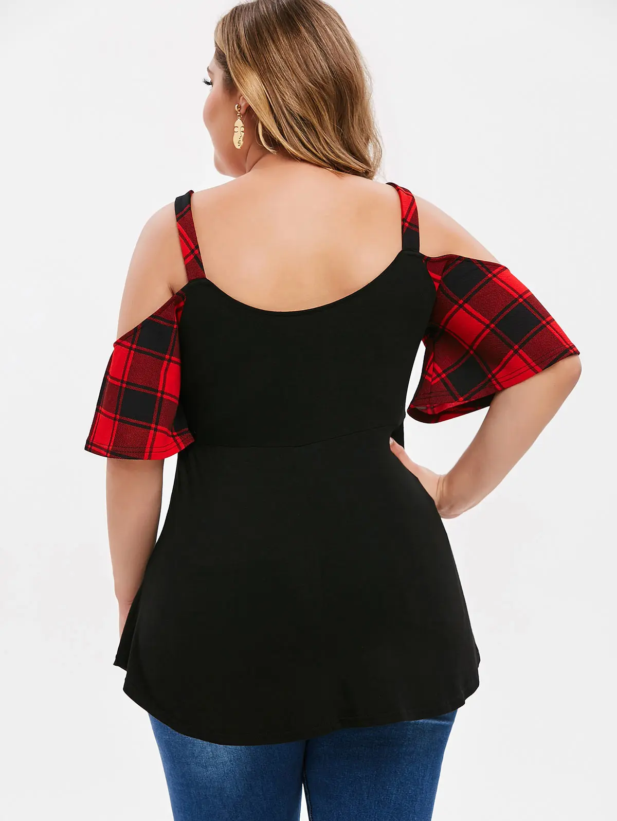 Rosegal Plus Size Cold Shoulder Plaid Twist T-Shirts Sweetheart Neck Half Sleeve Women Sexy Plaid Tops Summer Casual Splice Tees