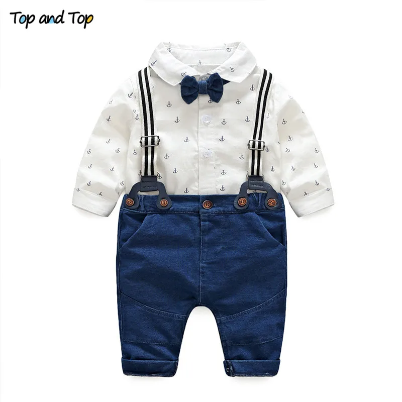 Baby Boys Christmas Clothing Set Long Sleeve Bow Tie Romper Shirt+Suspender Pants 2Pcs/Set Outfits Suit for Toddler Boys 3M-24M