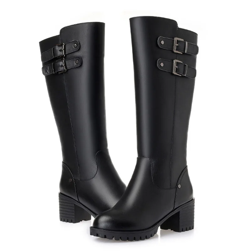 WETKISS Knee High Cow Leather Woman Boots Zip Round Toe Footwear Warm Heels Female Snow Boot Platform Shoes 2018 New | Обувь