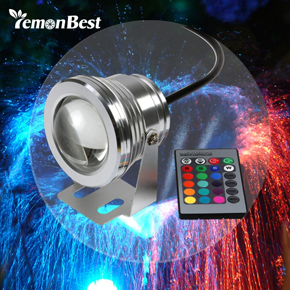 

10W 12v underwater RGB Led Light 1000LM Waterproof IP65 fountain pool aquarium Lamp 16 color change 24key IR Remote controller