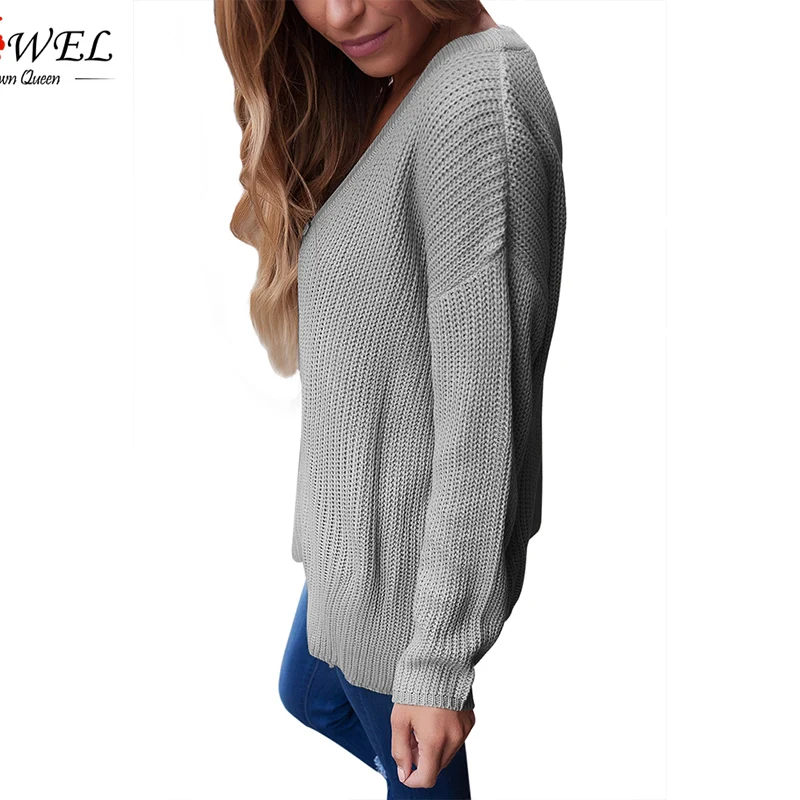 Фото SEBOWEL 2020 Sexy Lace up Oversized Sweater Women Autumn Gray Long Sleeve Deep V Front Female Knitted Pullovers Женская одежда SEBOWEL 2020 Sexy Lace up Oversized Sweater Women Autumn Gray Long Sleeve Deep V Front Female Knitted Pullovers Женская одежда