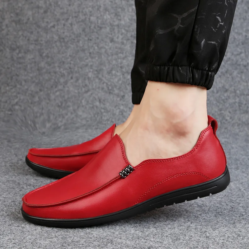 Men Leather Shoes Soft Fashion Slip on Male Casual Driving Boat Red Black Man Luxury Brand Loafers Plus Size | Обувь