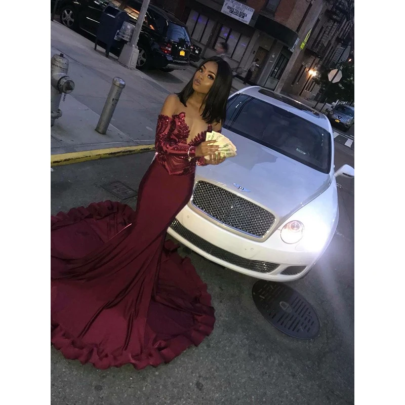 

Burgundy Long Mermaid Prom Dresses 2019 New Off The Shoulder Sweep Strain Sequined Formal Evening Dress Party Gowns