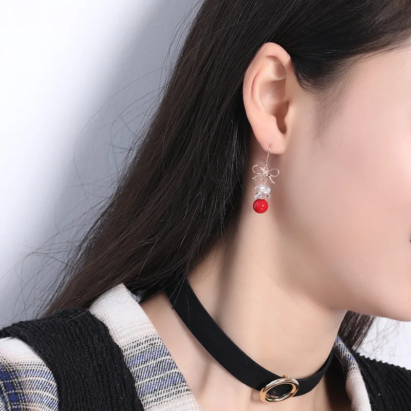 Silvology 925 Sterling Silver Bow Zircon Red Bead Female Earrings Rose Gold Creative Texture Drop Friendship Jewelry | Украшения и