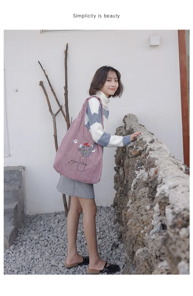 New Women Corduroy Shoulder Bag Ladies Embroidery Canvas Shopping Bags Female Eco Cotton Cloth Handbag Foldable Tote