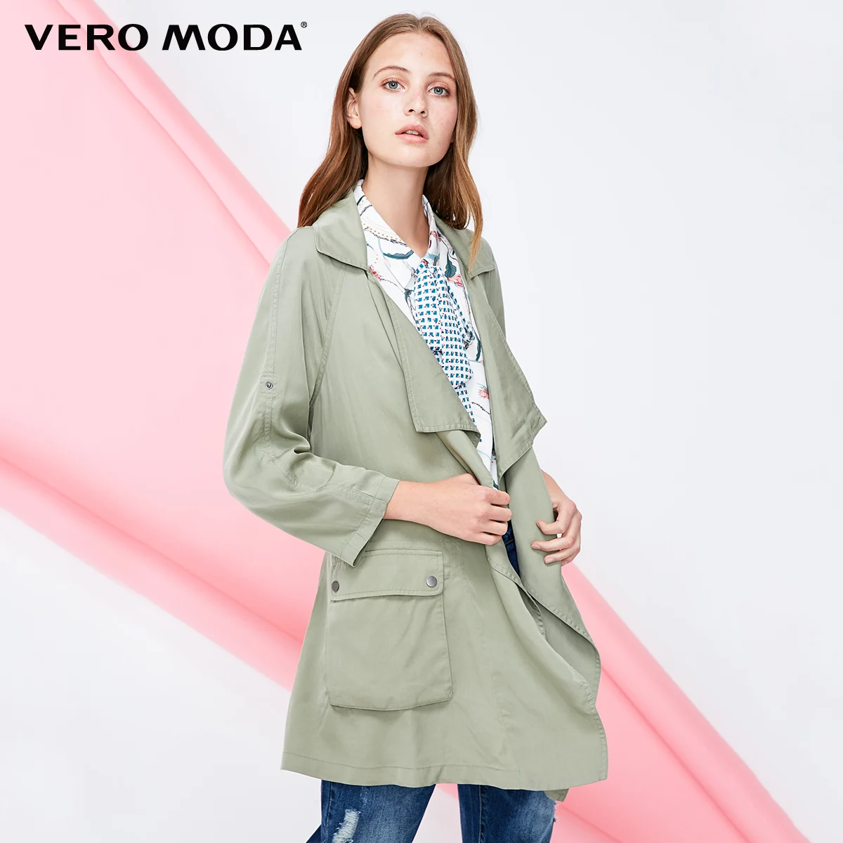 Vero Moda женский декоративный карман свободный крой армейский зеленый Тренч с лацканами пальто | 318317505 - Цвет: Shadow