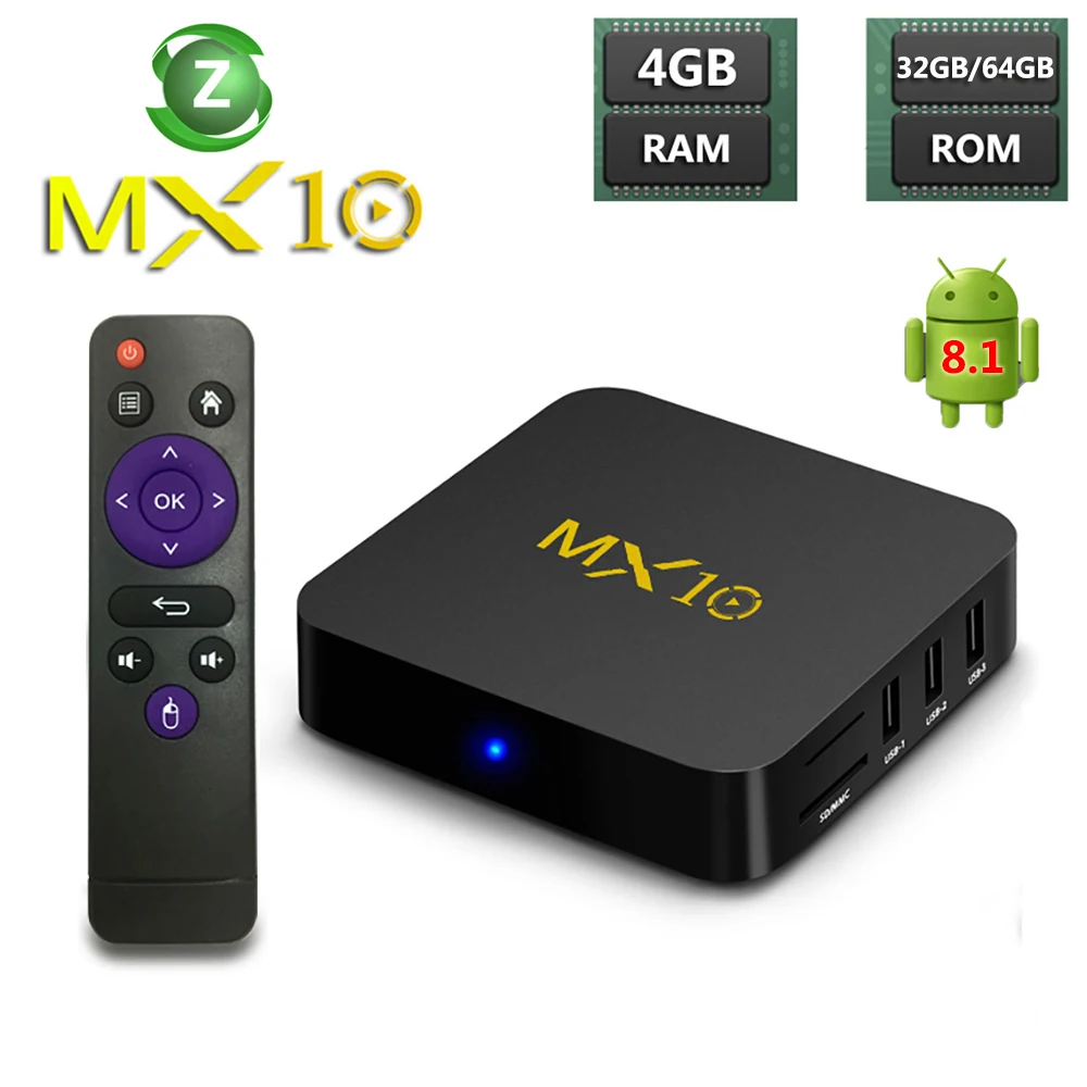 MX10 4 Гб ОЗУ 64 ПЗУ Лучший Android 8 1 ТВ приставка 2018 RK3328 Четырехъядерный 4K HDR 2 ГГц wifi USB 3 0