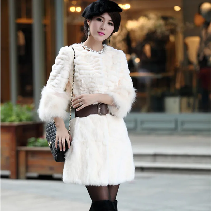 Женская Шуба с кроличьим мехом осенне зимнее меховое пальто рукавом 3/4 из меха