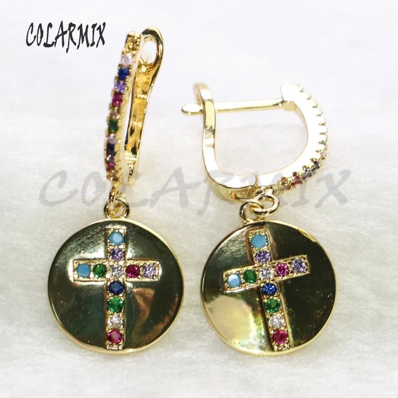 3 Pairs Rainbow color Zircon cute crystal gold earrings jewelry cross shape gift for lady 5467 | Украшения и аксессуары