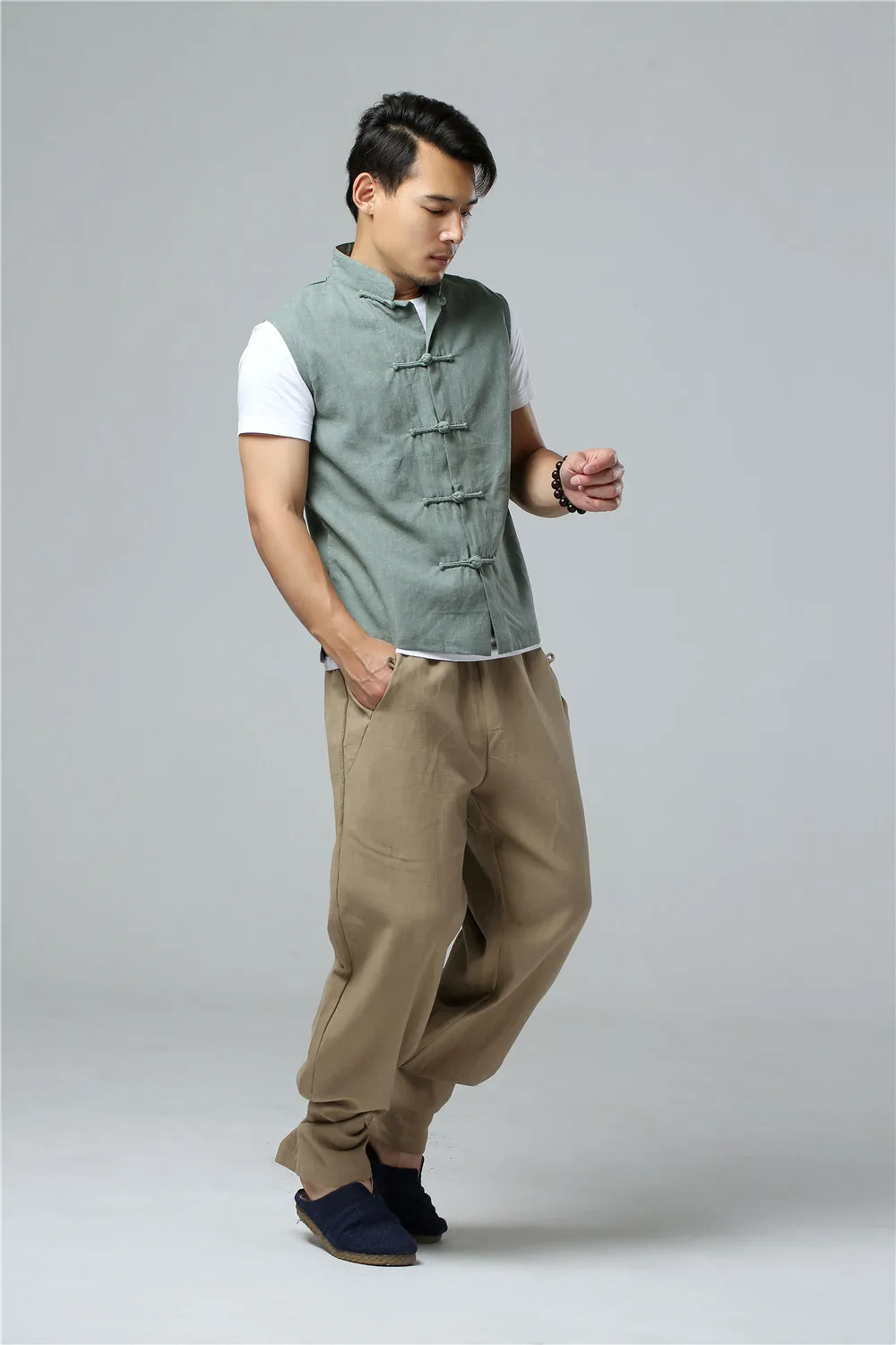 LZJN Men's Summer Waistcoat Chinese Style Vintage Breathable Linen Button Down Kung Fu Shirt Sleeveless Vest Jacket