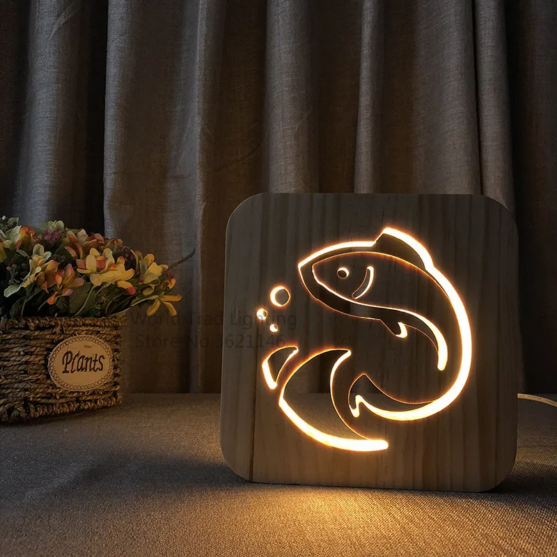 Фото Деревянная светодиодная лампа cyprinoid иллюзия 3D Ночной светильник Luminaria с USB