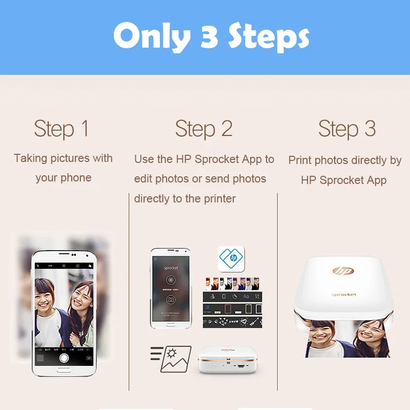 Hp Sprocket портативный фотопринтер для 5*7,6 см(2x3-дюймов) липкая Zink фотобумага легко печатать фотографии в социальных сетях
