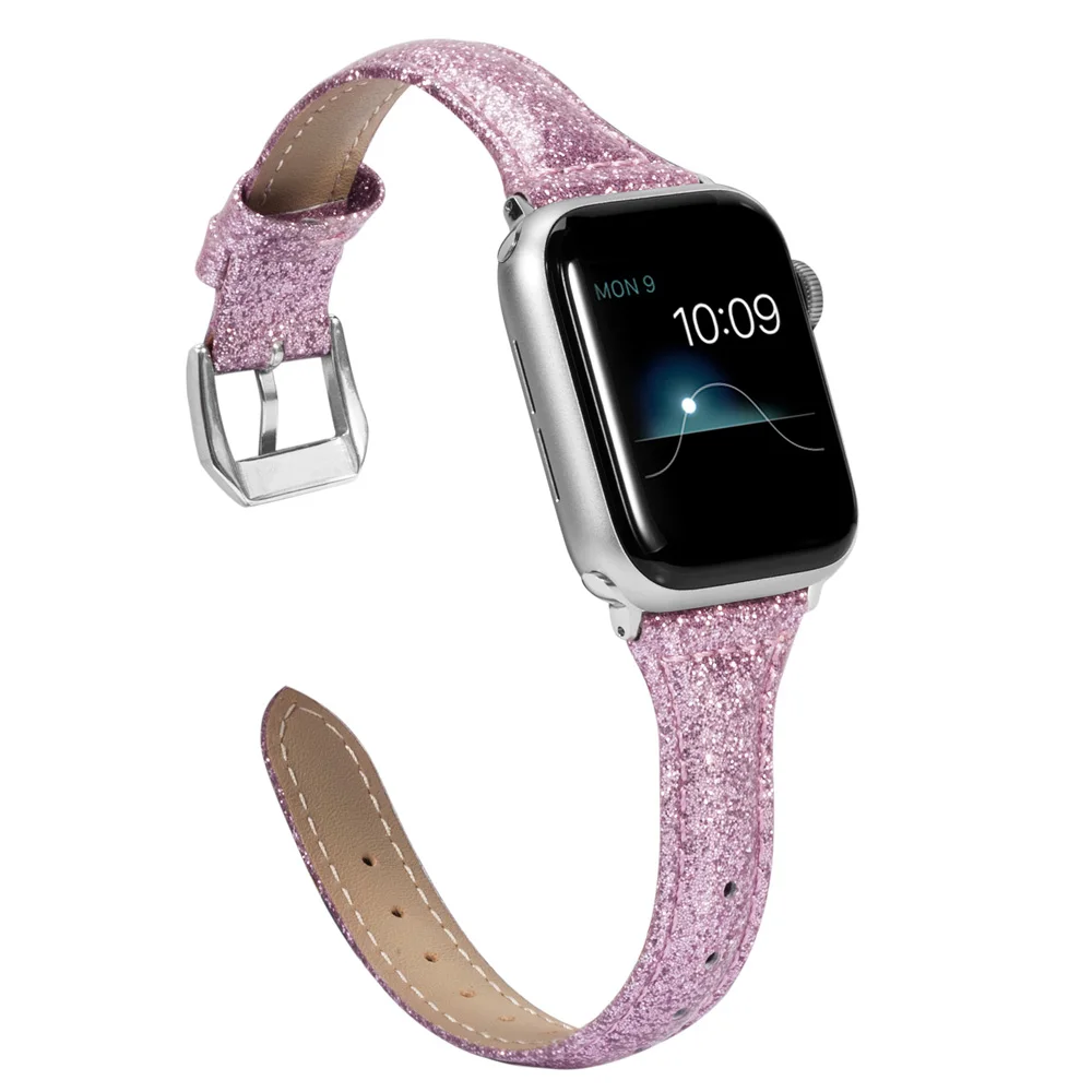 Тонкий блестящий кожаный ремешок для Apple Watch, 40 мм, 44 мм, для женщин, для iWatch, тонкий браслет, блестящий ремешок для серий 4, 3, 2, 1 издание - Цвет ремешка: RPinkB