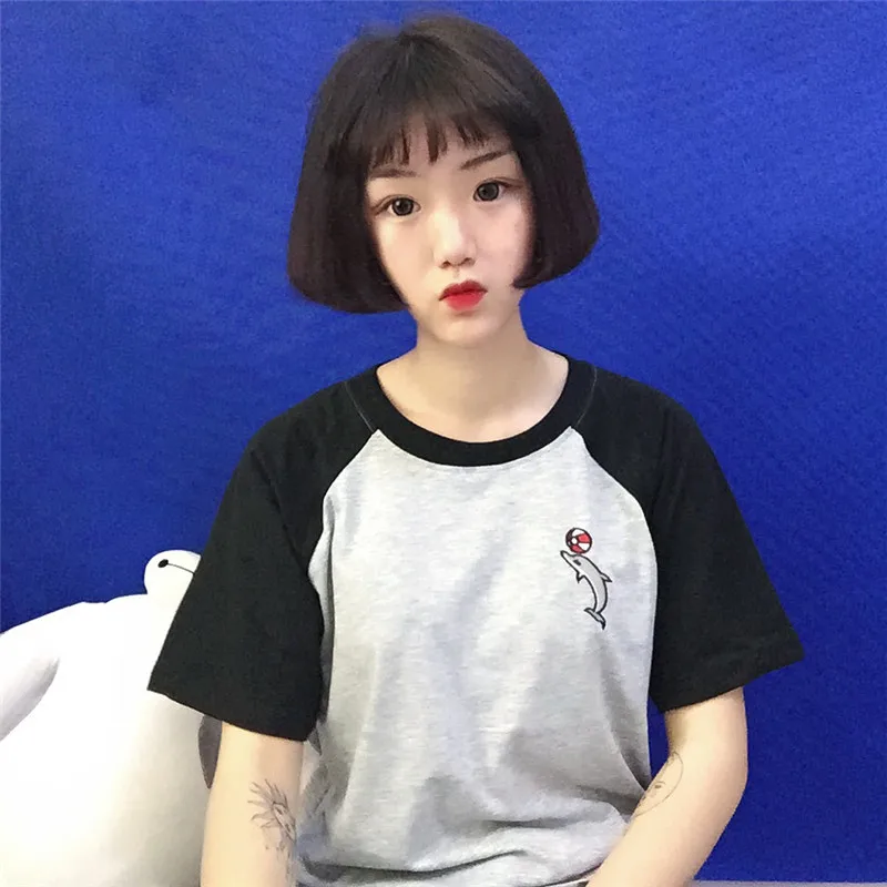 Женская Япония Ulzzang Harajuku вышивка футболка с дельфином Студенческая женский
