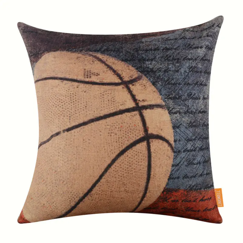 

LINKWELL Brand Retro Pillow Case Burlap Cushion Cover 18x18 inch Vintage Sports Game Basketball Fans American USA Style Man Cave