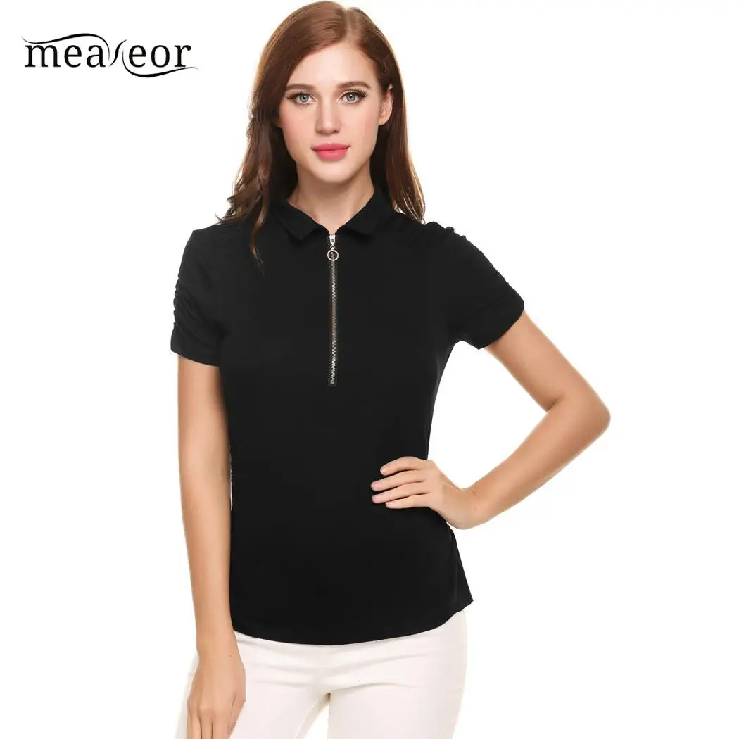 None Casual Women Short Sleeve Zipper Collar Side Pleated Solid Slim Pullover T-Shirt | Женская одежда