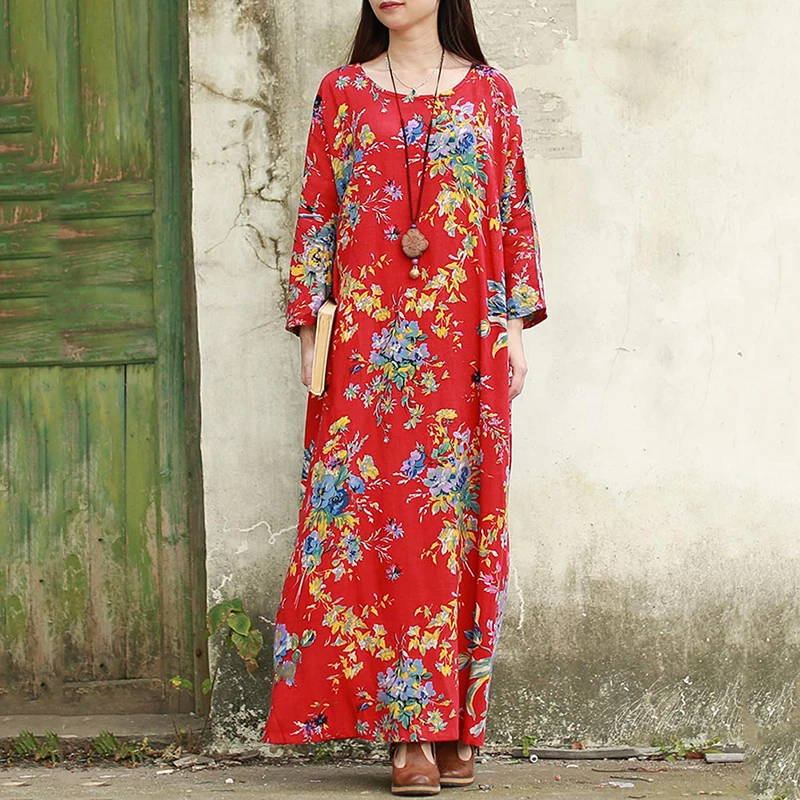 Для женщин ретро большого размера с длинными рукавом свободное цветочным
