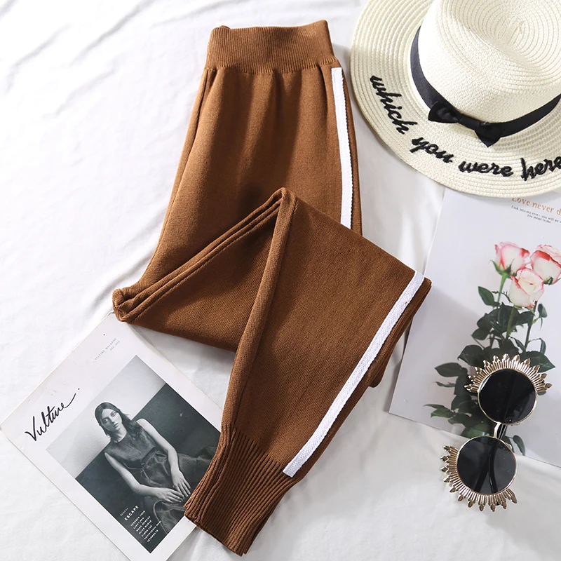 Autumn Knitted Harem Pants Women Women's Drawstring Wide Leg Pants Outdoor Comfy Casual Elastic Waist Pants with Pockets