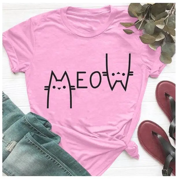 Женская Винтажная Футболка Meow летняя повседневная хлопковая футболка с коротким