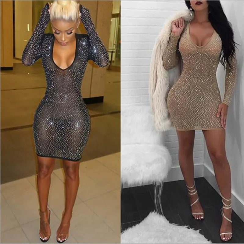 Женское Сетчатое платье с v образным вырезом вечерние костюмы со стразами и
