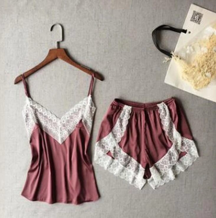 

Women Sexy Pajama Sets Comfortable Padded Silk Pajamas Underwear Fashion Solid Lace Pajamas Sexy V-Neck Pajama Sets