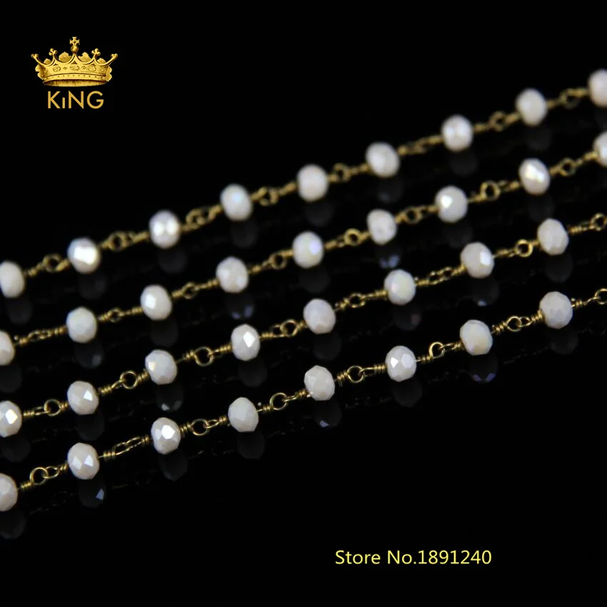 

5Meter Antique Bronze Rosary Style Beaded Chain,Wire Wrapped Beaded Chain Rosary Chain Beige Glass Faceted Beads LT72