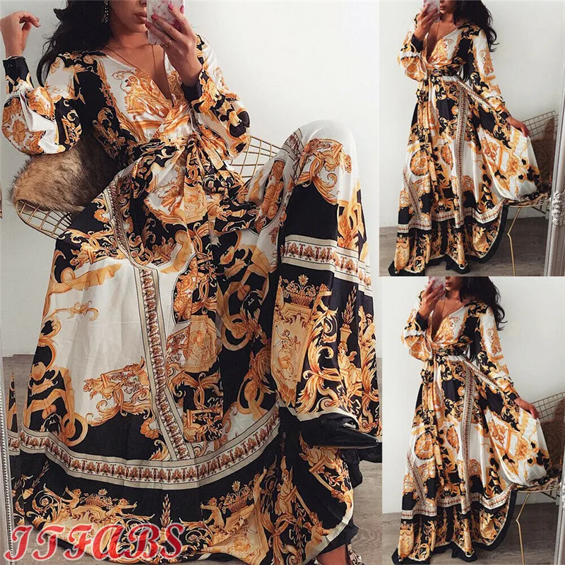 2019 Summer Women Floral V Neck Long Sleeve Dress Casual Party Vintage | Женская одежда