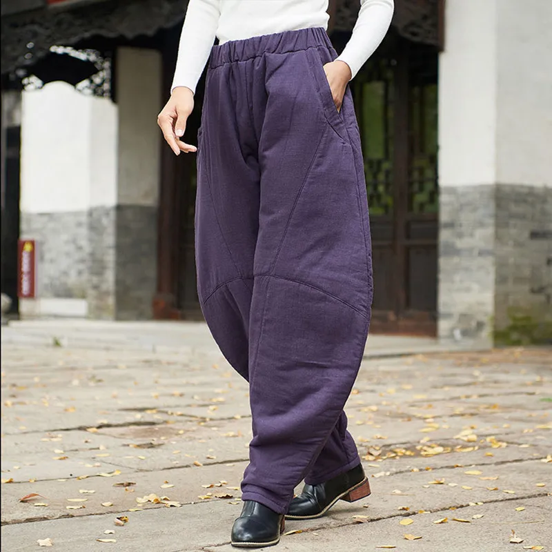 Johnature 2019 New Thicken Winter Warm Women Solid Color Cotton Linen Loose Pants Vintage Elastic Wait 3 Colors Lantern | Женская одежда