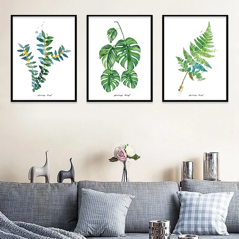 Акварельные листья настенная живопись холст зеленый стиль растение