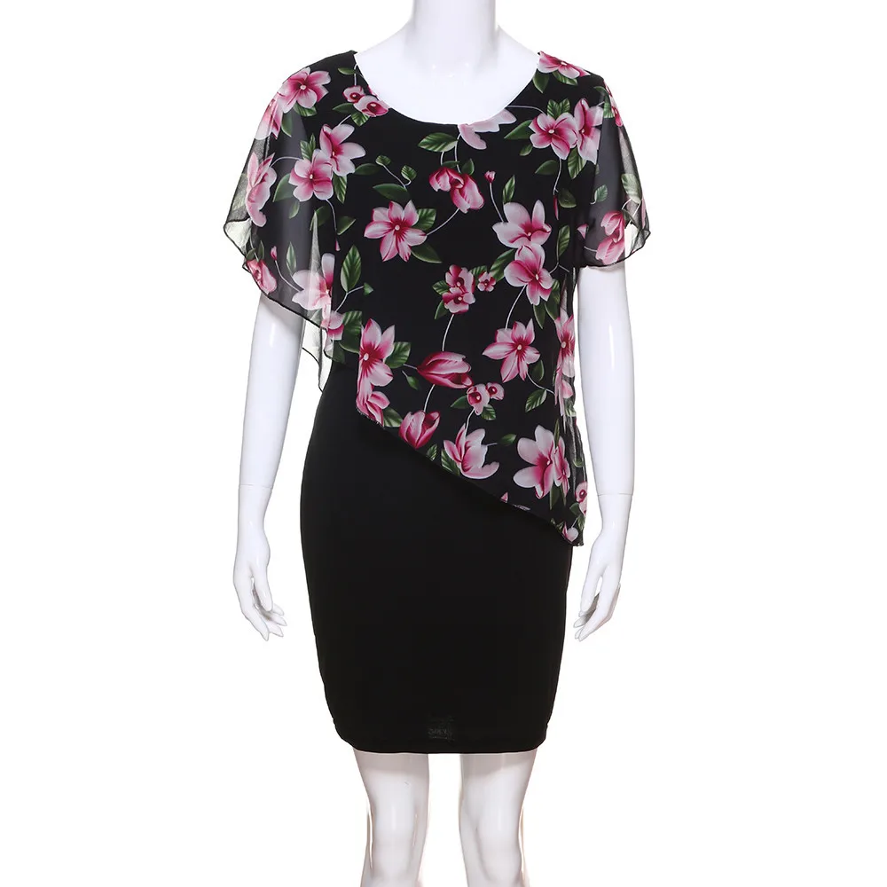 Женское шифоновое мини-платье с цветочным принтом коротким рукавом и круглым