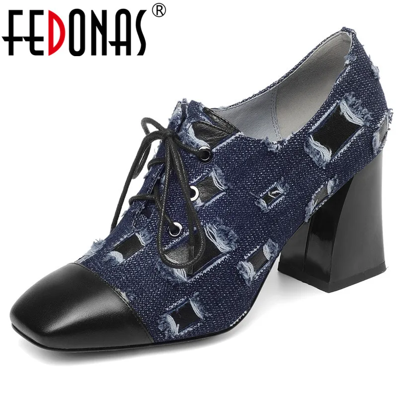 Женские туфли на квадратном каблуке FEDONAS черные лодочки из джинсовой ткани с