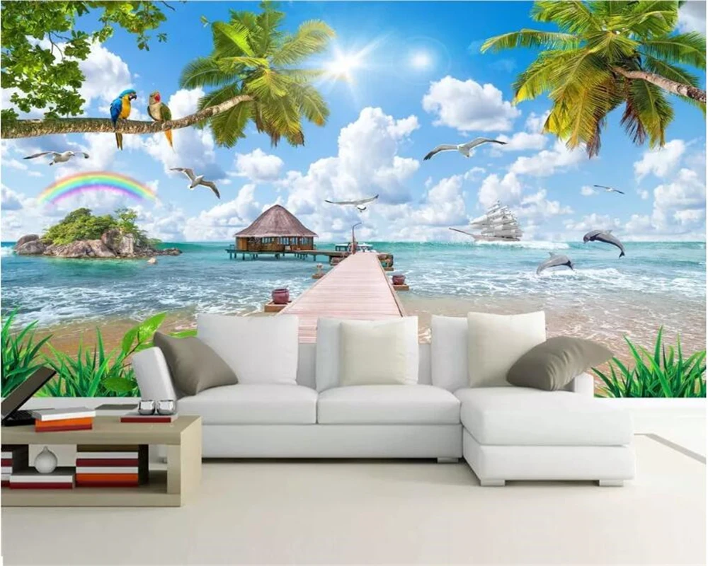 

Beibehang Custom wallpaper mural coconut tree parrot seascape landscape painting coconut living room TV background 3d wallpaper