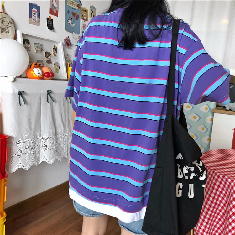 Летние футболки normcore, минималистичный стиль, короткий рукав, в полоску, круглый вырез, большие размеры, футболки, модный бренд, Корейская женская одежда, топы