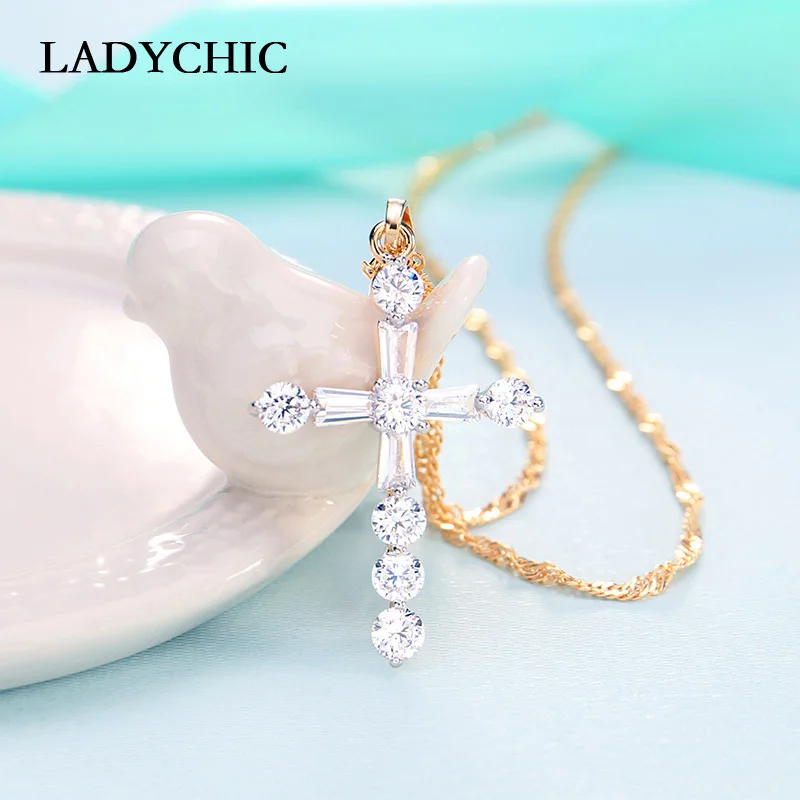 

LADYCHIC Sparkling Gold Color Cross Pendant Necklace Christian Religious Luxury BLING Zircon Crystal Cross for Women Gift LN1071