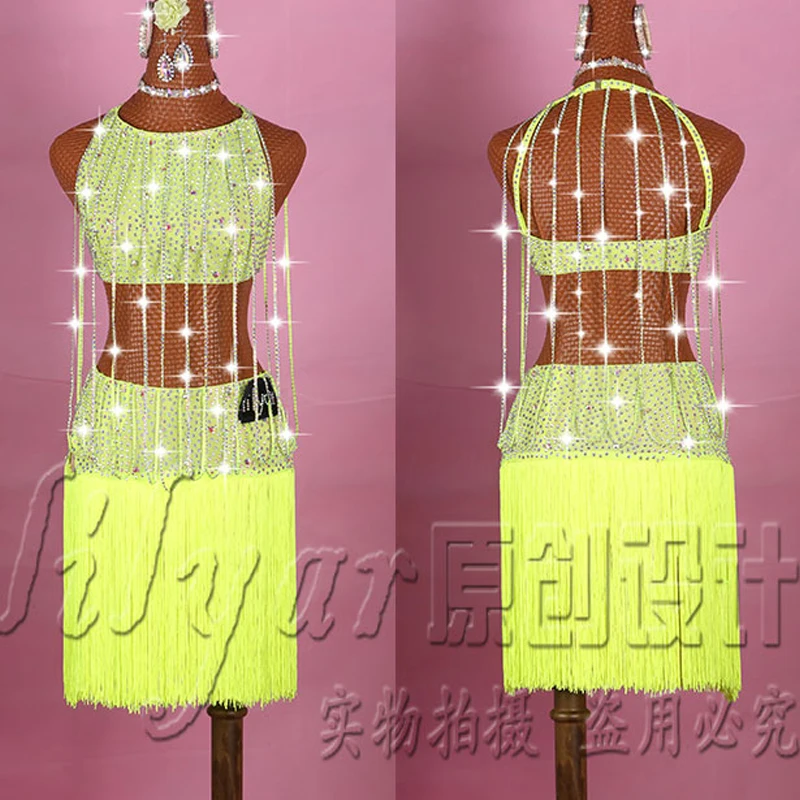 

New Sexy Latin Dancing Dresses For Ladies Yellow Dress Traditional Women Ballroom Costume Competitive Theatrical Garments E001