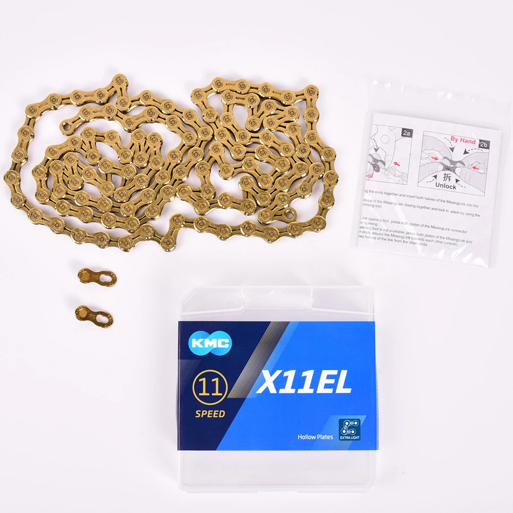 Новинка, велосипедная цепь KMC X11EL, дополнительный светильник, золотые, серебряные цепи для гонок, 11 скоростей, MTB, дорожный велосипед, 118 звеньев
