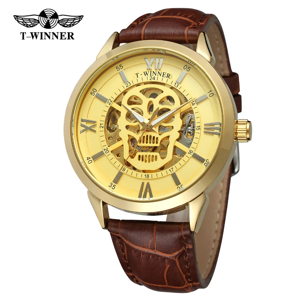 

T-WINNER Men's Watch Skeleton Skull Automatic Antique Genuine Leather Strap Hot Sale Relojes Transparent Wristwatch WRG8141M4