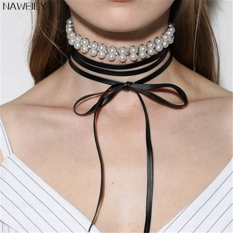 Мода нескольких слоев PU Чокеры ожерелья Имитация Pearl короткое ожерелье для