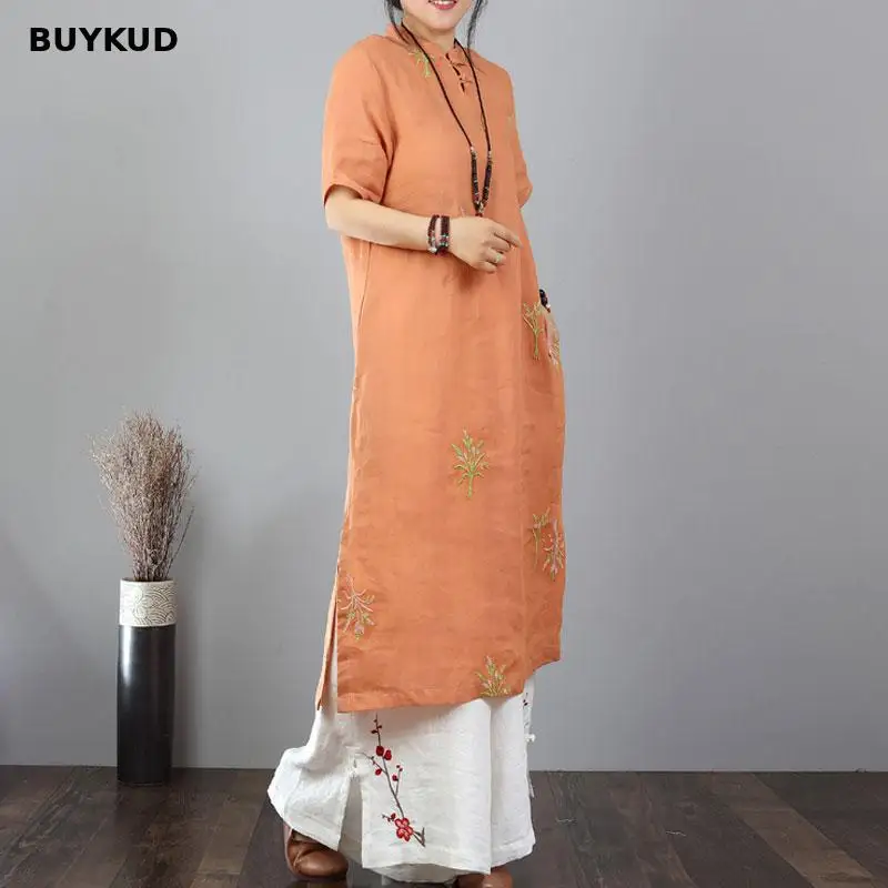 BUYKUD 2018 Новый стенд воротник Изделие из хлопка с короткими рукавами льняные