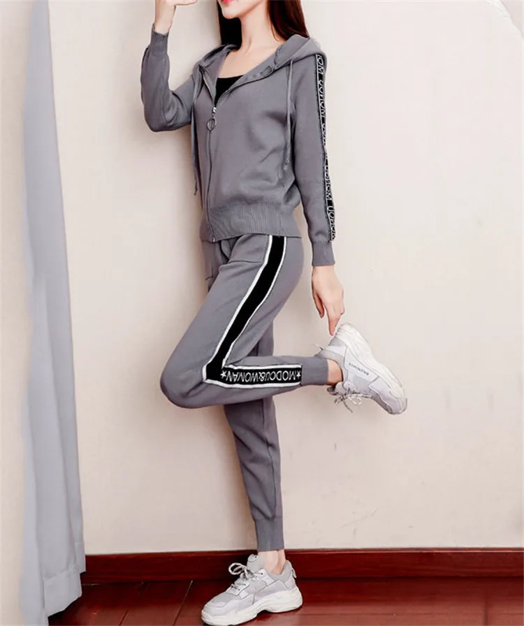 ALPHALMODA женский трикотажный спортивный костюм с длинным рукавом Bf стиль с капюшоном длинный кардиган с рукавами+ брюки женская спортивная одежда