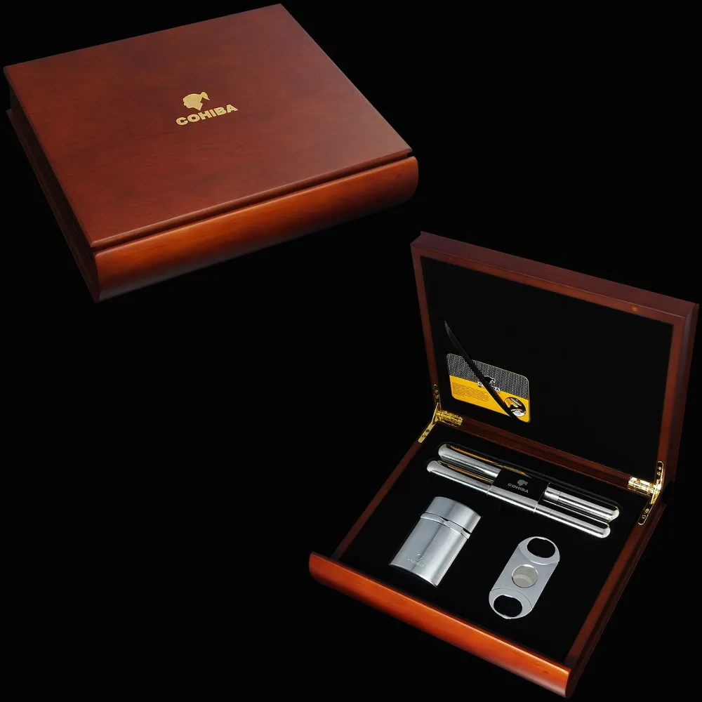 COHIBA Красный Сандал Вуд Сигары Хьюмидор Резак Зажигалка Набор Труб Вт/Подарочная