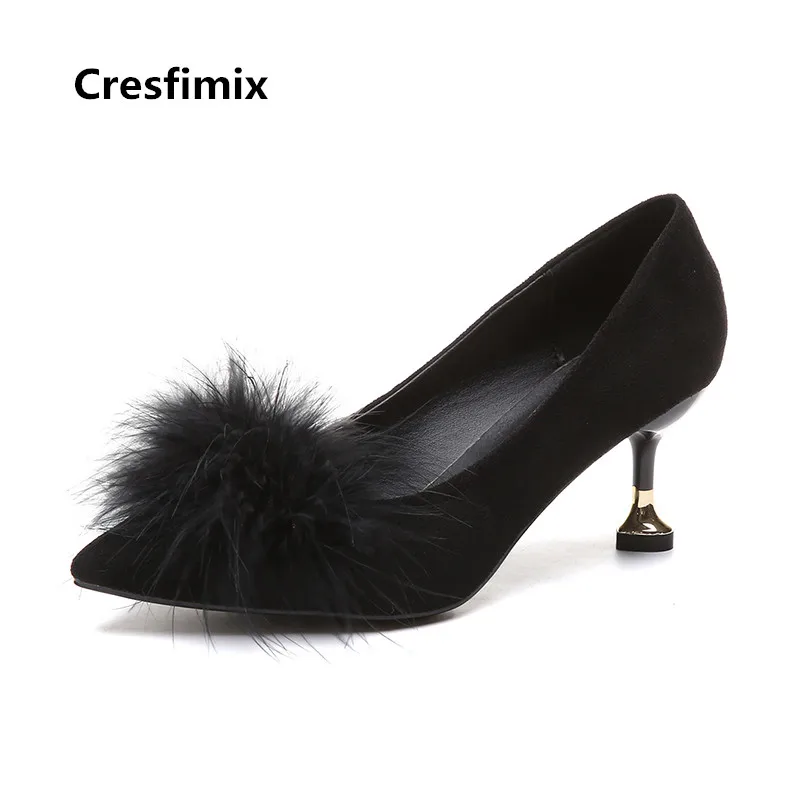 Cresfimix/женские милые черные туфли лодочки на тонком высоком каблуке с мехом
