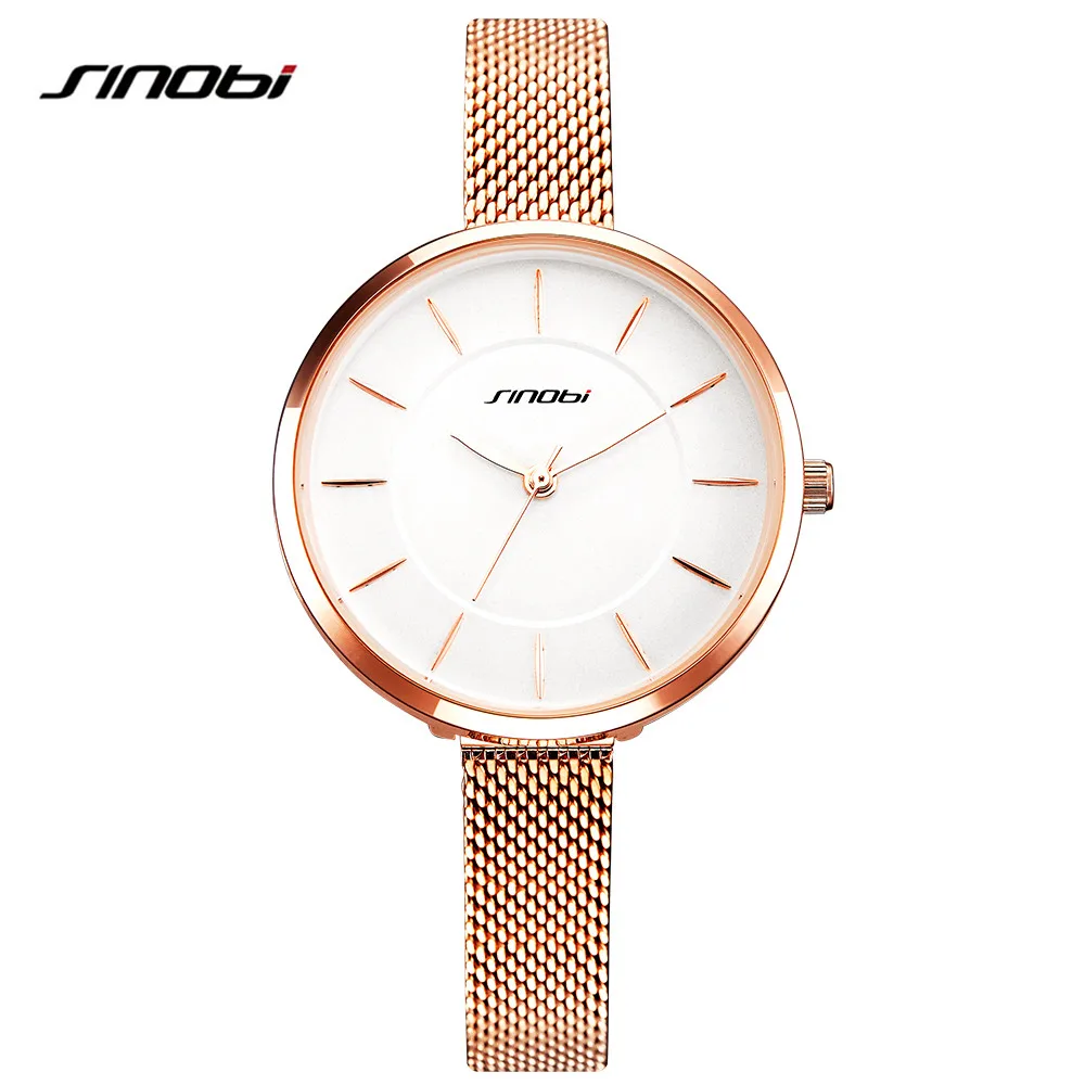 SINOBI Brand Luxury 2018 New Fashion Causal Women Watches Steel Mesh Band Rose Gold Watch Quartz Waterproof Ladies Wristwatch |