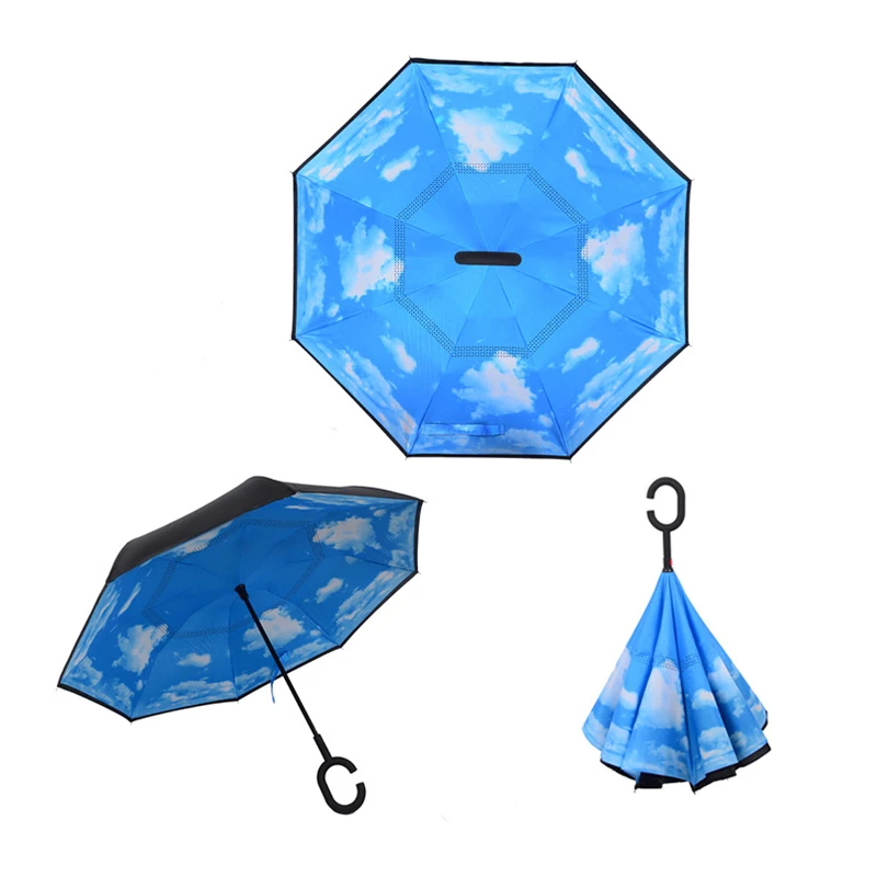 Складной зонт с обратной застежкой двухслойный перевернутый телефон крючками |